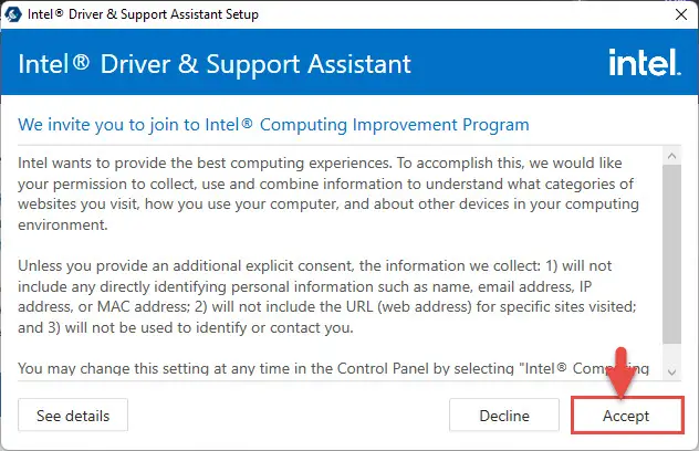 How To Install Latest Intel Drivers using Intel Driver and Support Assistant 4 accept