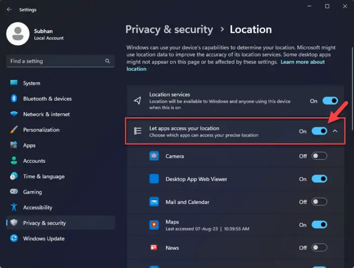 Allow apps to access your location