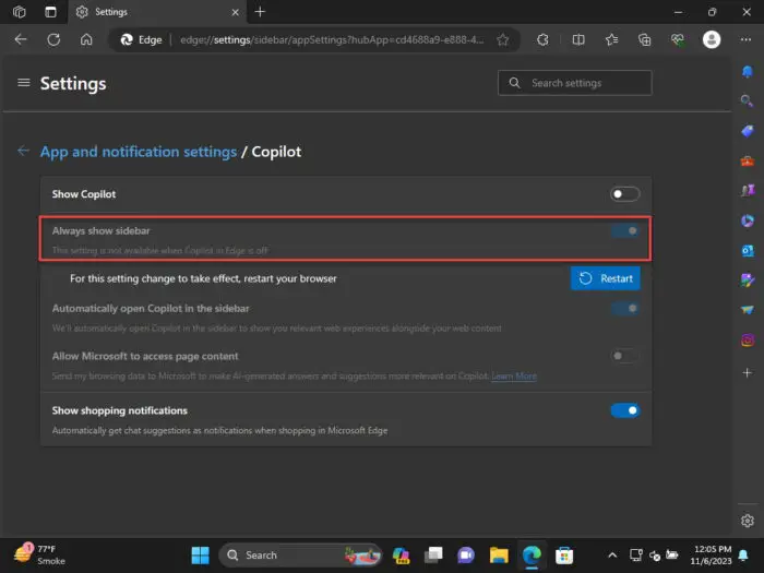 Microsoft Edge 119 Automatically Restores Split Screen Pages, Addresses Remote Code Execution Vulnerabilities 2 Always show sidebar greyed out