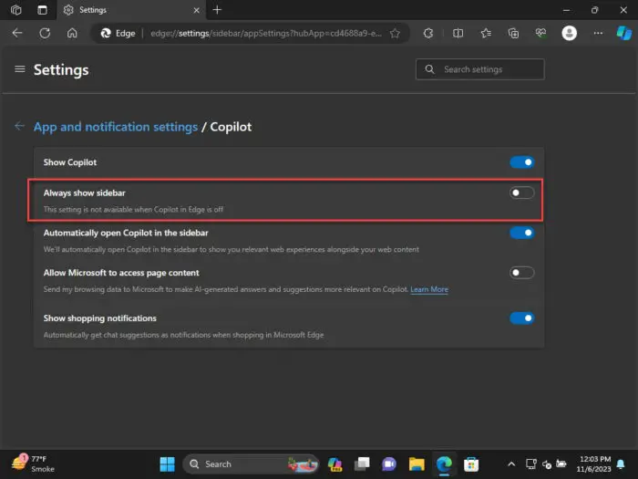 Microsoft Edge 119 Automatically Restores Split Screen Pages, Addresses Remote Code Execution Vulnerabilities 1 Always show sidebar option in Copilot settings