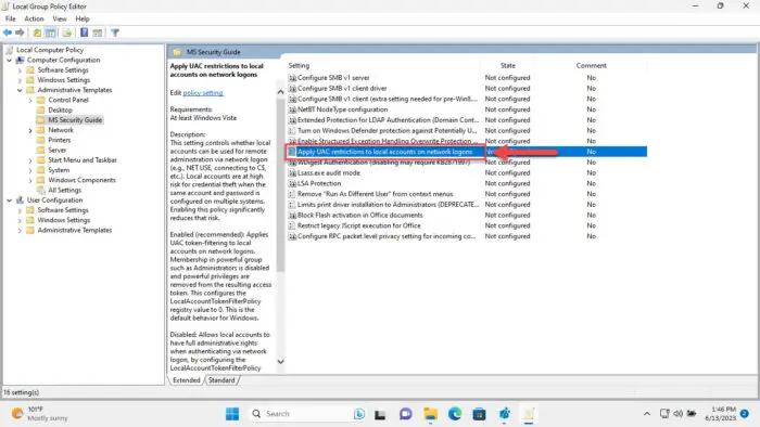 Apply UAC restrictions to local accounts on network logons group policy