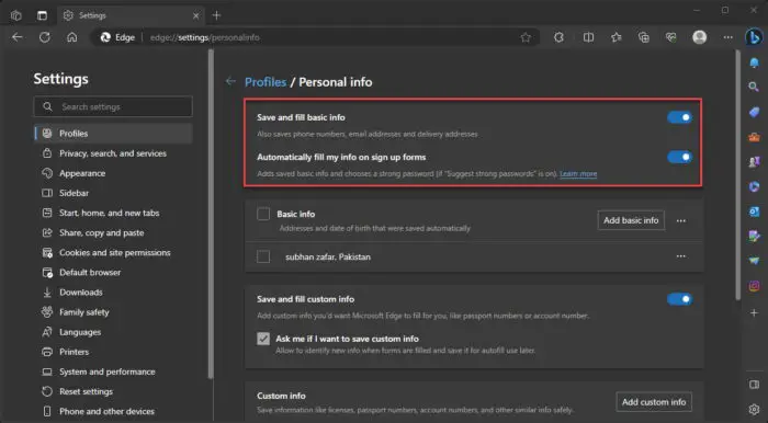 Autofill autocomplete setting in Edge 117