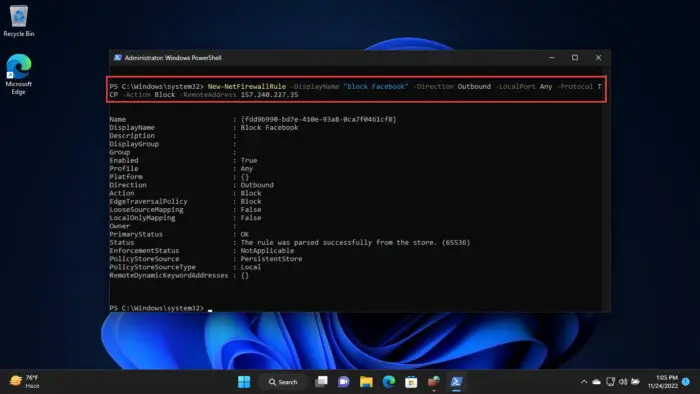 Block IP address or website using PowerShell
