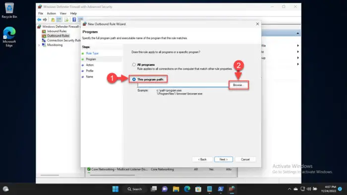 Browse for app program