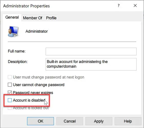 Built in Administrator user properties