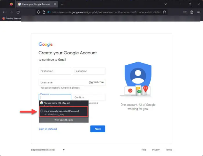 Built in password generator in Firefox