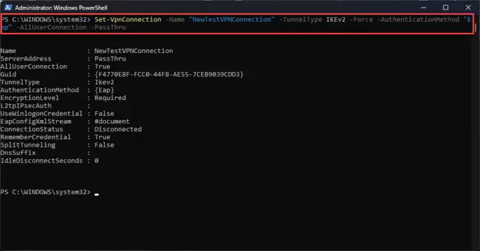 Change global VPN encryption type and authentication method