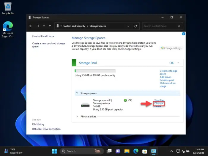 Change Storage Space settings from Control Panel