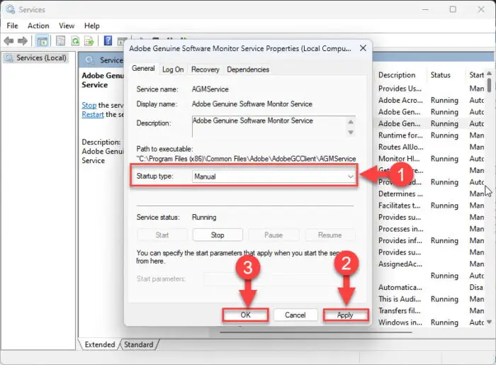 Change the startup type from Service Manager