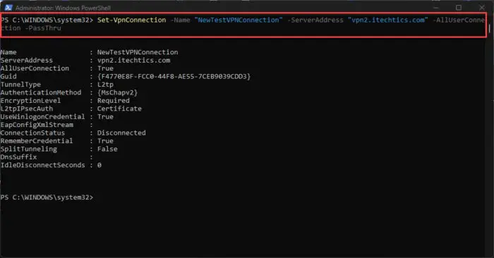 Change VPN server from PowerShell