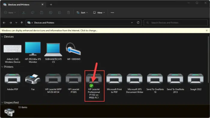 Check default printer from Devices and Printers applet
