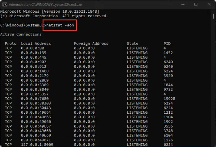 Check For Listening (Open) Ports With NetStat And PowerShell 1 Check for listening ports in Command Prompt using Netstat