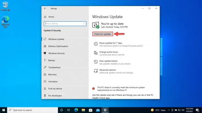 Check for updates windows 10