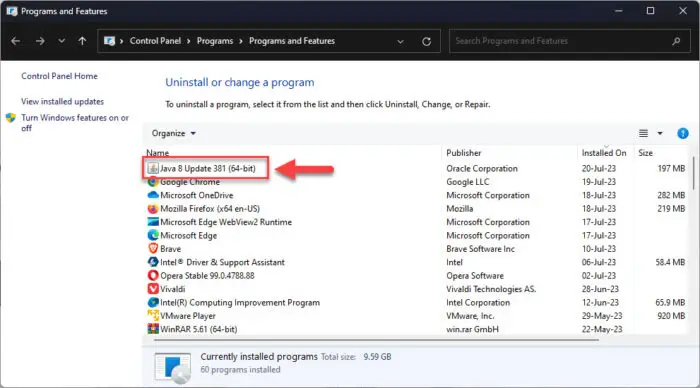 Download Java 8 Update 381 (Offline Installers) 5 Check the installed Java version from the Programs and Features applet