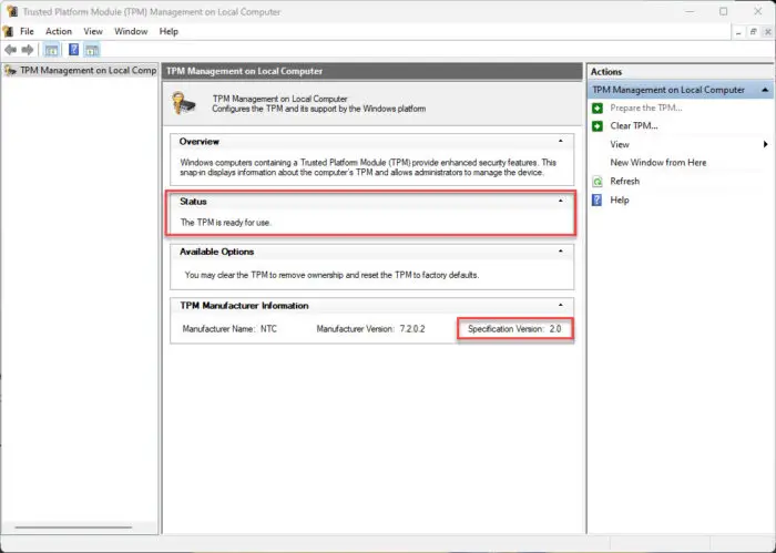 Check TPM status and version from TPM Console