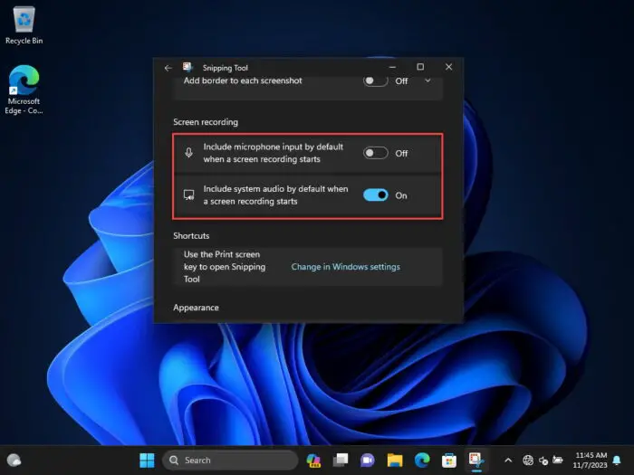 Choose to include microphone audio and system audio in screen recording using Snipping Tool