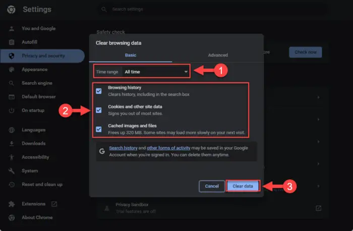 Clear all browsing data including cookies and cache