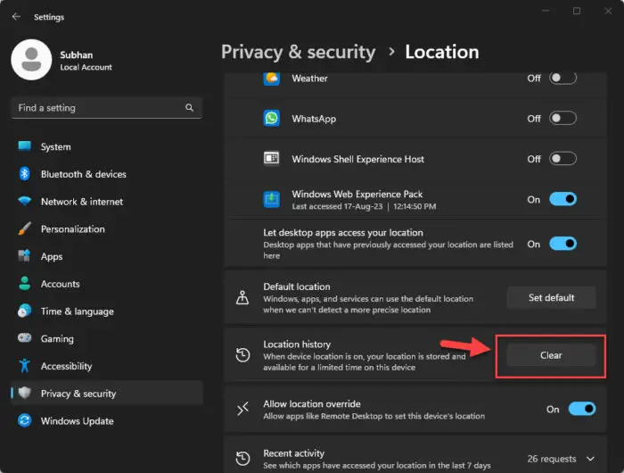 Clear location history