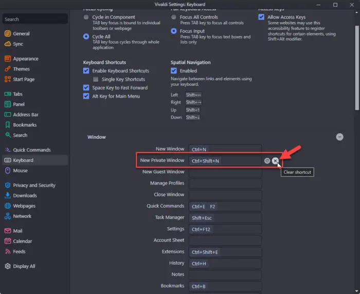 Clear the new private window shortcut in Vivaldi