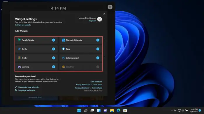 Click sign to add widget