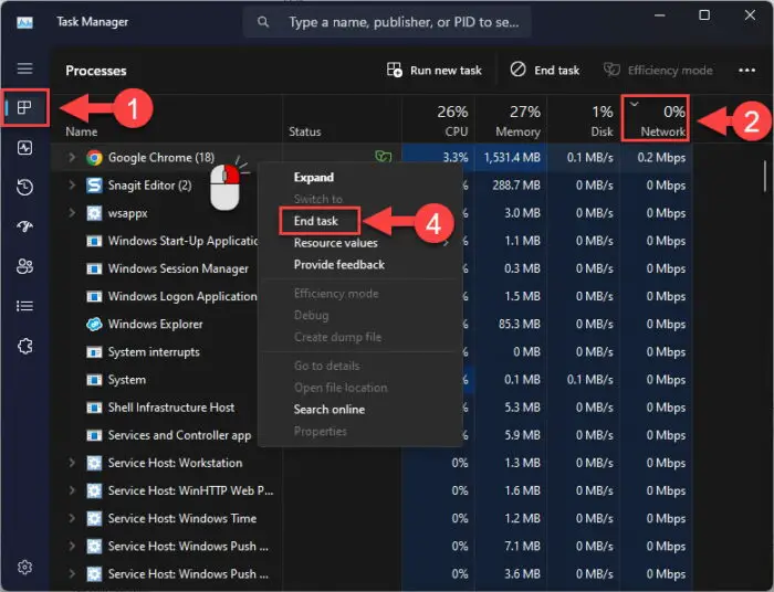 How To Increase Microsoft Store Download Speeds 1 Close apps and programs consuming bandwidth from Task Manager