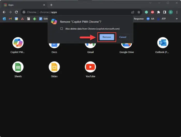 Confirm Copilot web app removal from Chrome