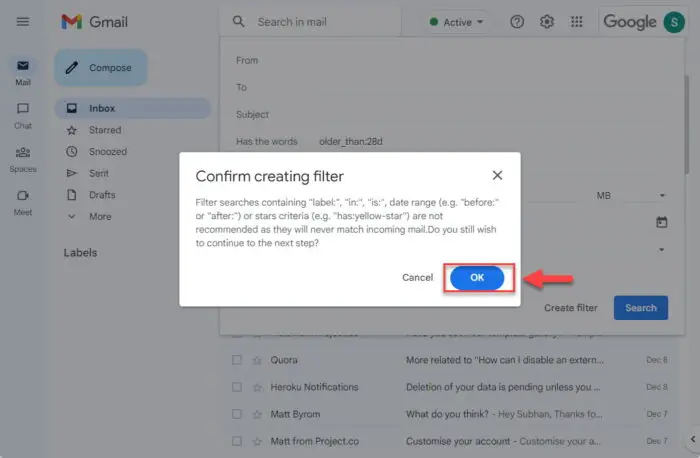 Confirm filter details