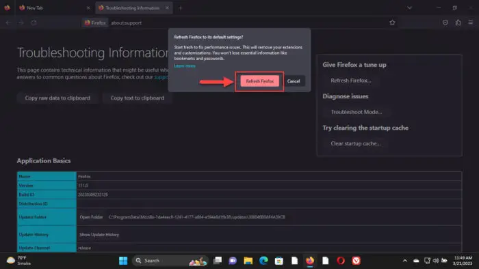 Confirm Firefox reset