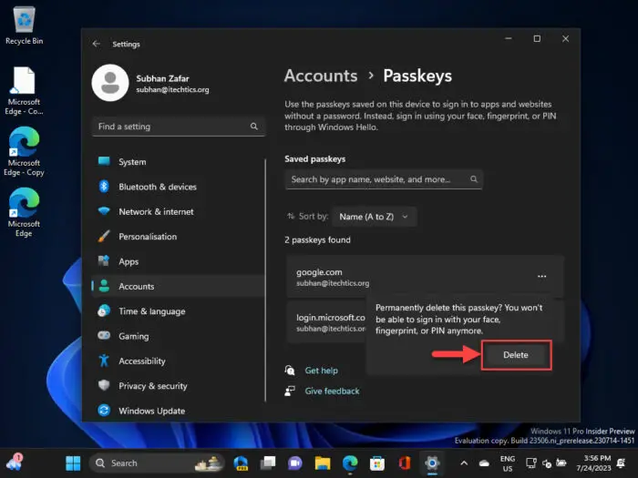 Confirm passkey deletion