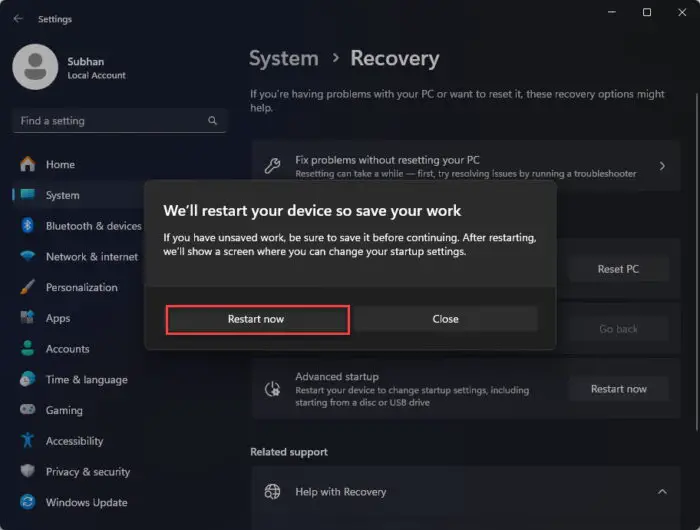 Confirm restart
