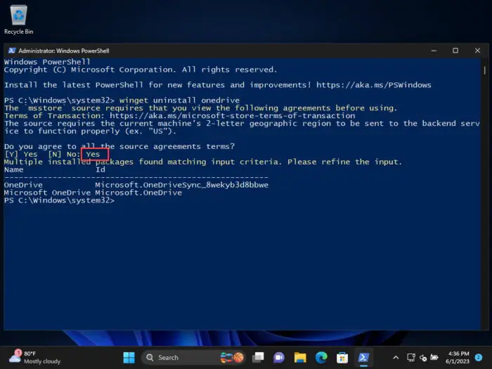Confirm uninstallation of OneDrive using PowerShell