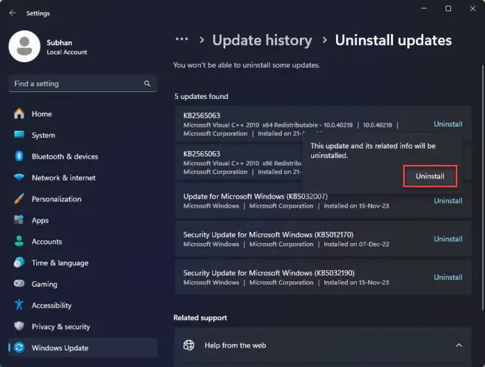 Confirm Windows update removal