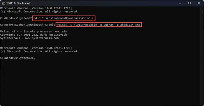 Connect to remote PC using PsExec