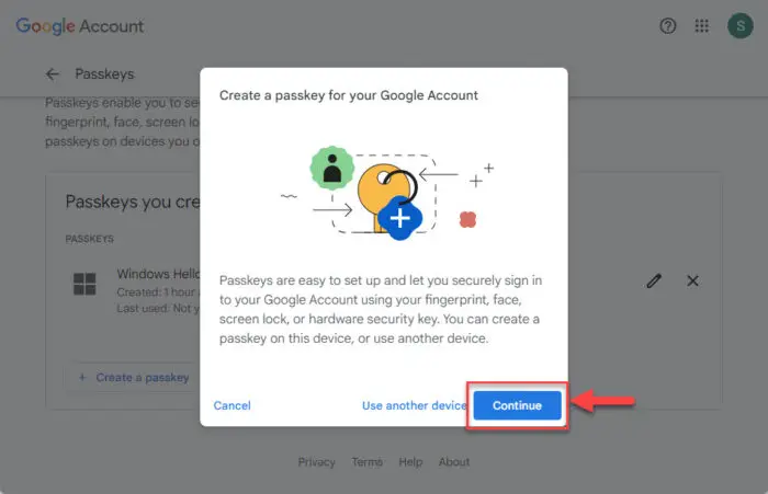 Continue to create a passkey