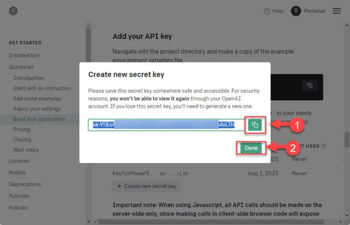 Copy the secret key