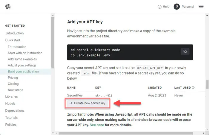 Create a new OpenAI secret key