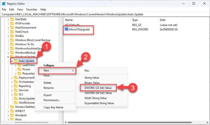 Create DWORD AllowOSUpgrade