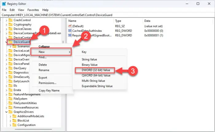Create DWORD EnableVirtualizationBasedSecurity