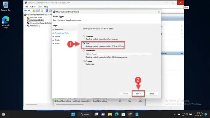 Create new port rule 1