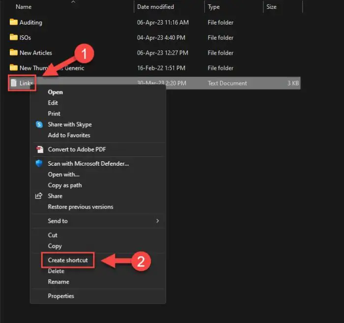 Create shortcut from context menu