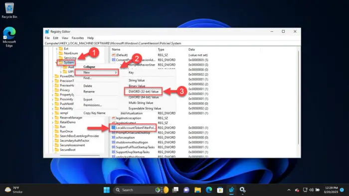 Create the DWORD LocalAccountTokenFilterPolicy