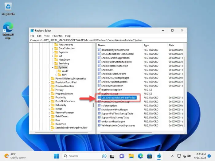 Create the LocalAccountTokenFilterPolicy DWORD