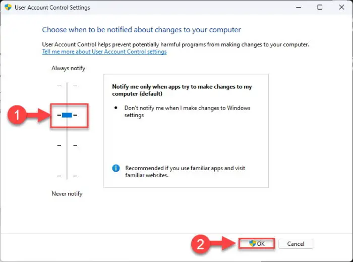 How To Disable User Account Control In Windows (Locally + Remotely) 6 Default UAC setting from Control Panel