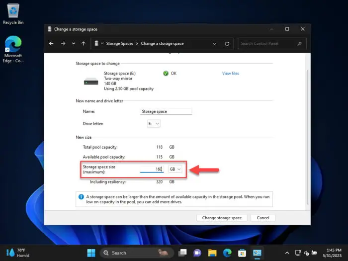 Define the new size for the Storage Space in Control Panel