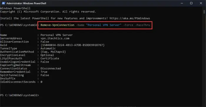 Delete a user specific VPN profile using PowerShell