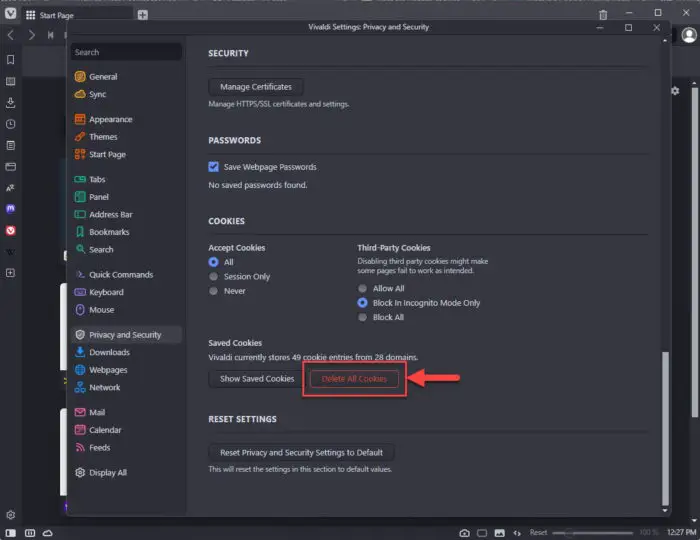 Delete cookies for all websites on Vivaldi