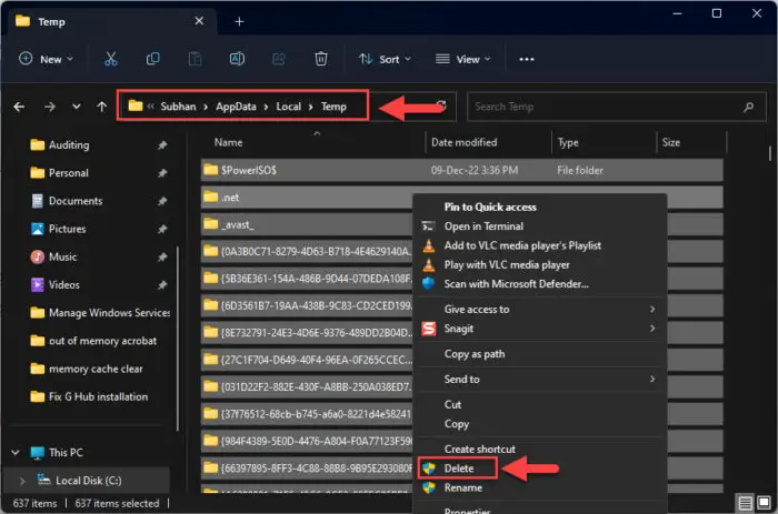 Delete items in user temp folder