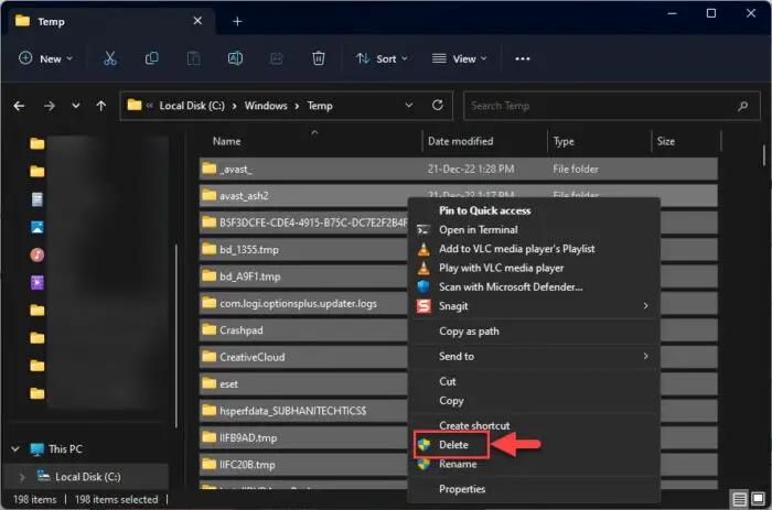 Delete items in Windows temp folder