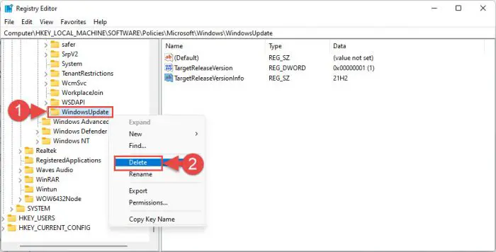 4 Ways To Block Windows 11 23H2 Feature Update From Installing 20 Delete the WindowsUpdate Registry key