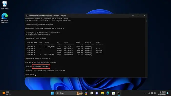 Delete partition drive from Command Prompt